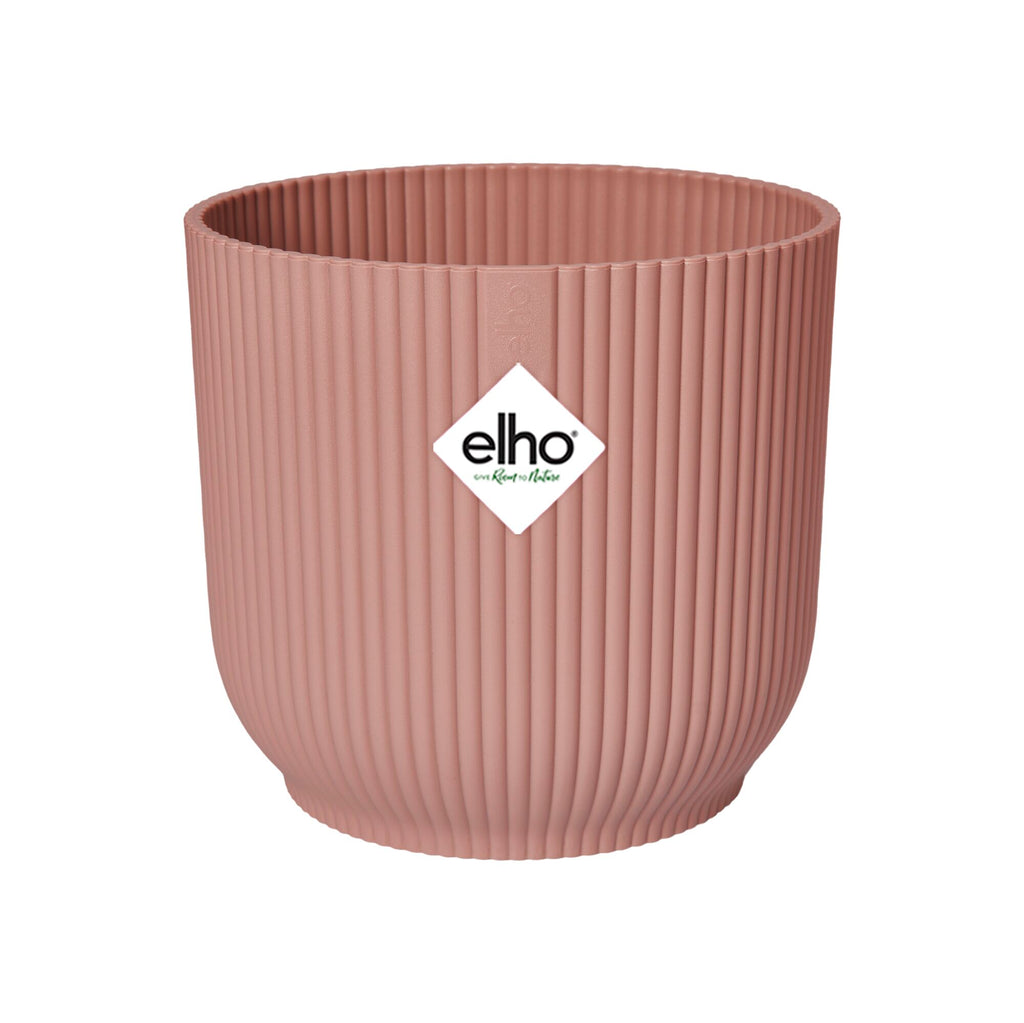 Pink ribbed pot with 'elho' logo on a white background