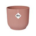 Pink ribbed pot with 'elho' logo on a white background