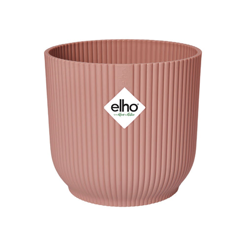 Pink ribbed pot with 'elho' logo on a white background