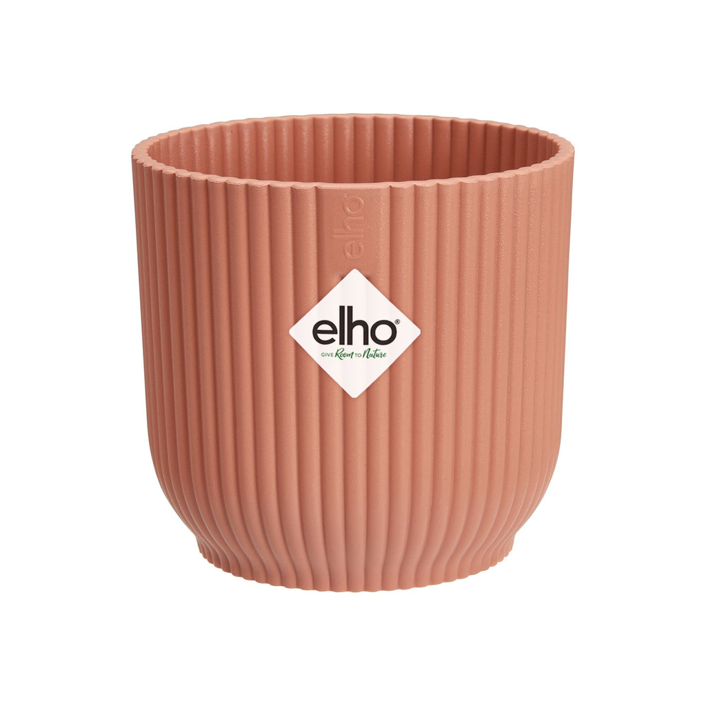 salmon-colored pot with ribbed texture and 'elho' logo on a white background