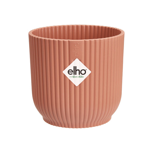 salmon-colored pot with ribbed texture and 'elho' logo on a white background