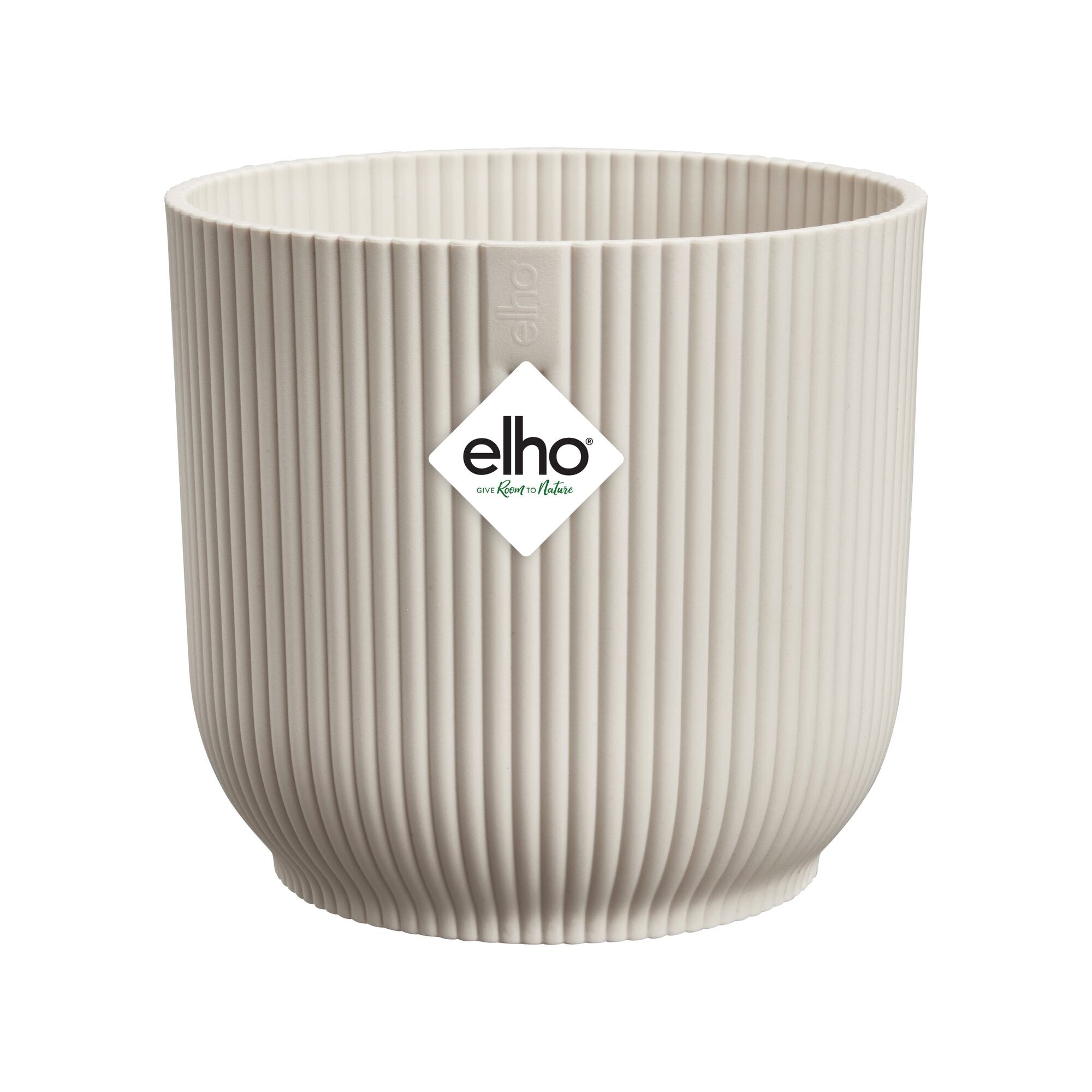Beige ribbed plant pot with elho logo on a white background